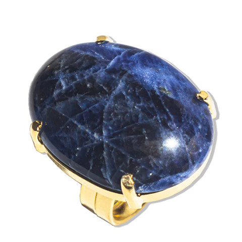 Anel Cabochão Oval Sodalita Natural Banho Dourado