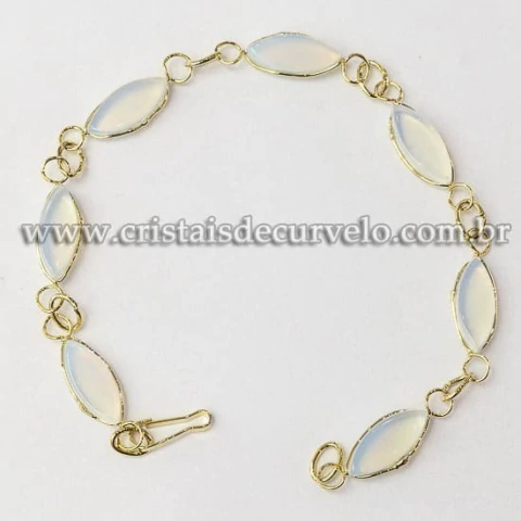 05 Pulseira Navete Ranhurado Pedra da Lua Dourado ATACADO