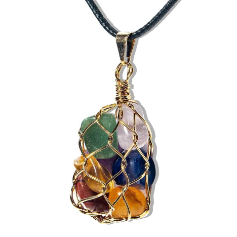 Colar Cesta com Pedras Do Chakras Dourado Pedra Natural