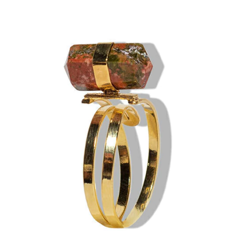 Anel Micro Pontinha Pedra Unakita Bi Ponta Ajustável Dourado