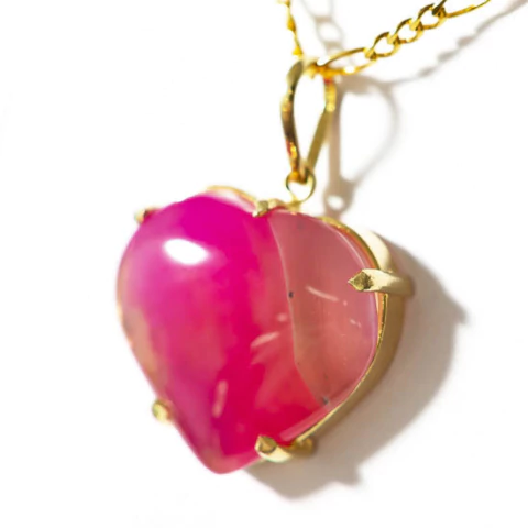 Colar Coração Agata Rosa Natural Extra Dourado
