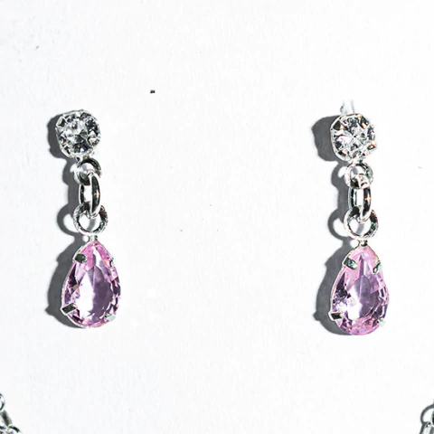 Brinco Gota Facetado Zircônia Quartzo Rosa Garra Prata 925