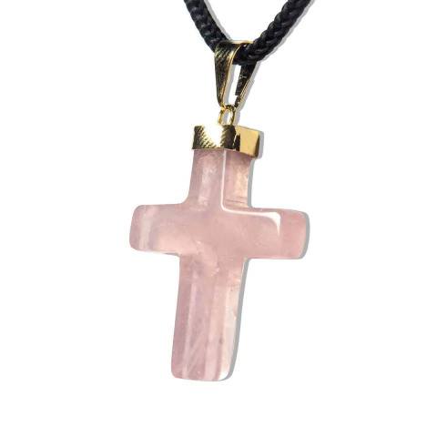 Colar Crucifixo Quartzo Rosa Natural Montagem Envolto Dourada