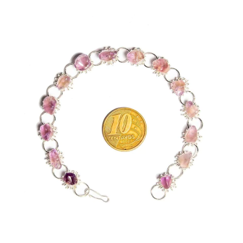 Pulseira Margarida Pedra Ametista Natural Montagem Prateado