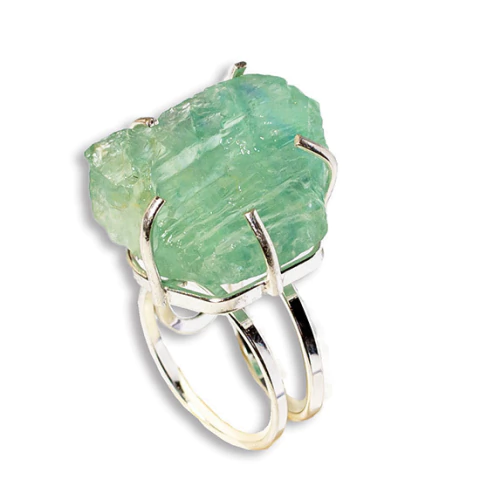 Anel Pedra Fluorita Verde Bruto Natural Ajustável Prata 950
