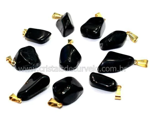 03 Pingente Pedrinha Turmalina Preta Natural Montagem Dourado Atacado