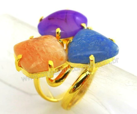 03 Anel Pedras Misto 3 Cabochão Aro Ajustável Dourado Atacado