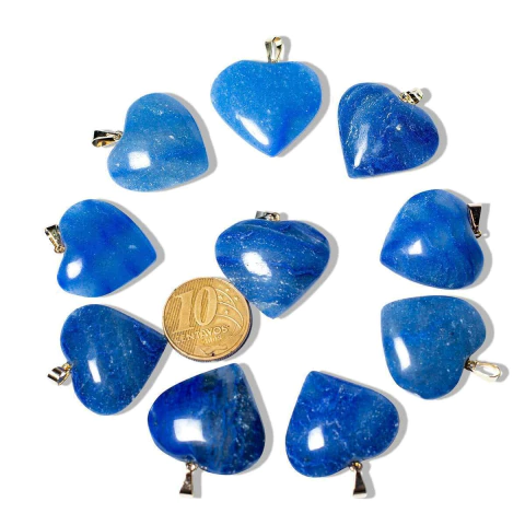 10 Pingente Coração Quartzo Azul Pedra Natural Pino Flash Dourado Atacado