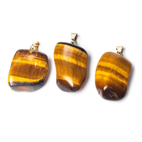 03 Pingente Pedrinha Olho de Tigre Rolado Dourado Atacado