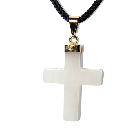 Colar Crucifixo Quartzo Leitoso Natural Montagem Dourado