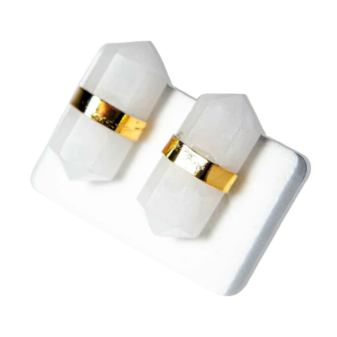 Brinco Micro Bi Ponta Pedra Quartzo Leitoso Envolto Dourado