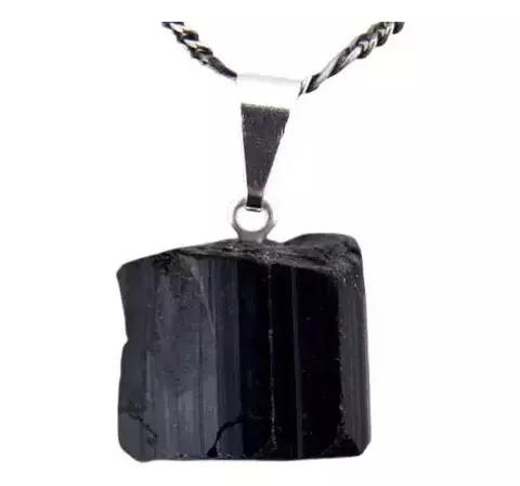 Colar Canudo de Turmalina Preta Médio Pino Presilha Prateado