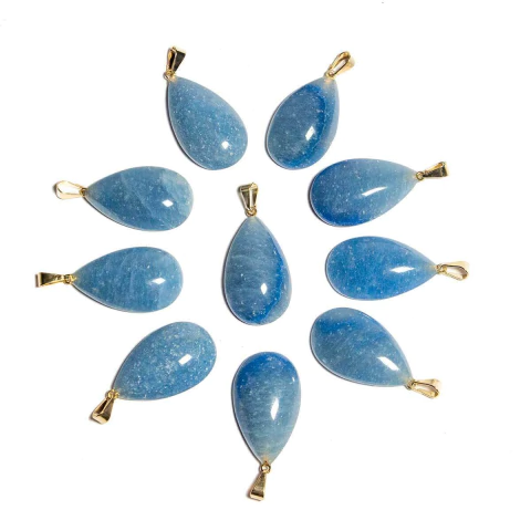 03 Pingente Gota Quartzo Azul Pedra Natural Montagem Pino Dourado Atacado