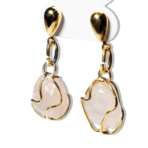 Brinco Cesta Amarrada Pedra Quartzo Rosa Dourado