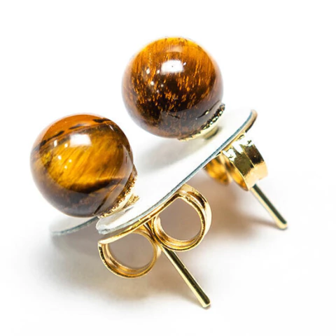 Brinco Bolinha Pedra Olho de Tigre Pino Tarracha Dourado