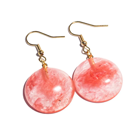 Brinco Disco Quartzo Cherry Pedra Montagem Anzol Dourado