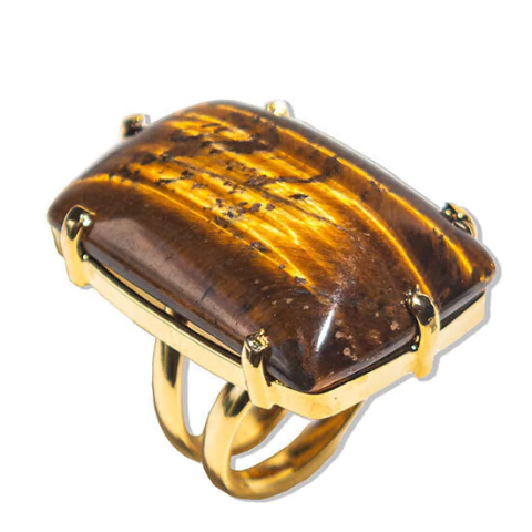 Anel Pedra Olho de Tigre Retangular Aro Ajustável Dourado