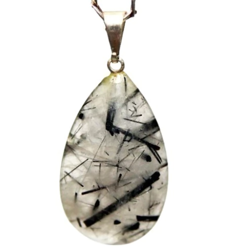 Colar Gota Quartzo Leitoso Incrustado Turmalina Prateado