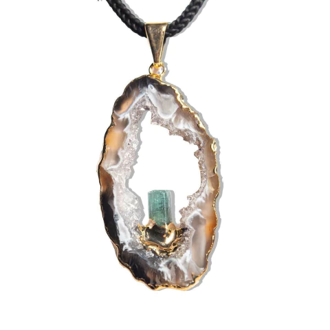 Colar Especial Chapa Geodo Turmalina Azul Envolto Dourado