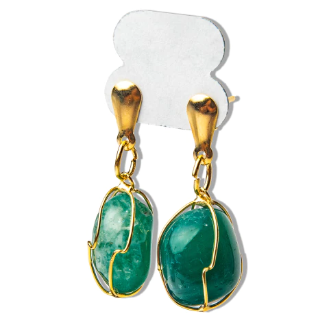 01 Brinco Cesta Amarrada Pedra Ágata Verde Dourado