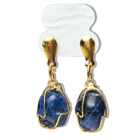 01 Brinco Cesta Amarrada Pedra Sodalita Azul Dourado