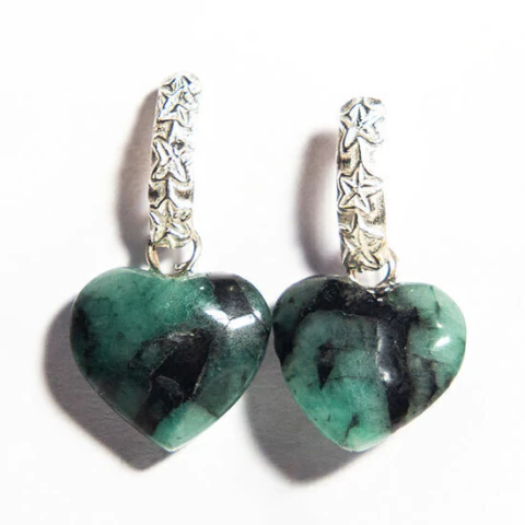 Brinco Coração Esmeralda Pedra Natural Tarraxa Prata 925