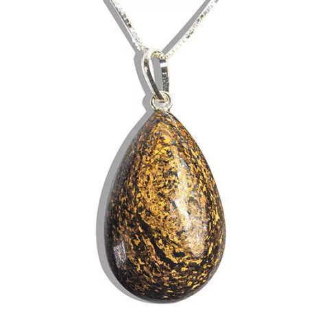 Colar Nlux Gota Lisa Pedra Bronzita Natural Pino Prata 950