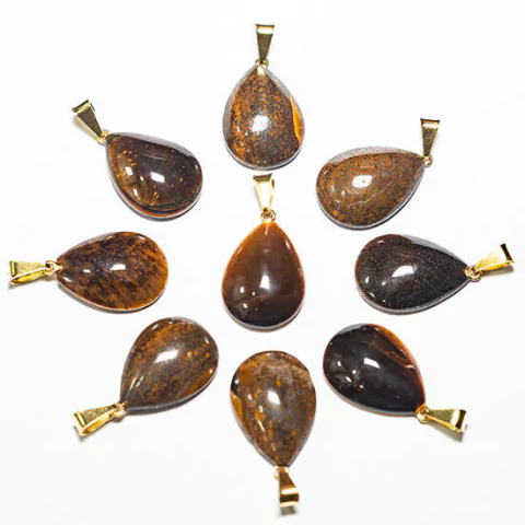 05 Pingente GOTA Olho de Tigre Pedra 22mm Pino Dourado ATACADO