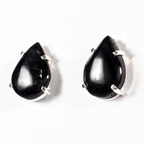 Brinco Topinho Pedra Turmalina Preta Natural Gota Prata 950