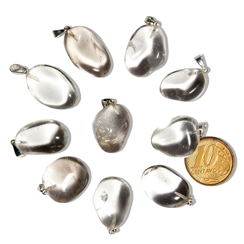 10 Pingente Pedrinha Quartzo Cristal Rolado Prateado Atacado