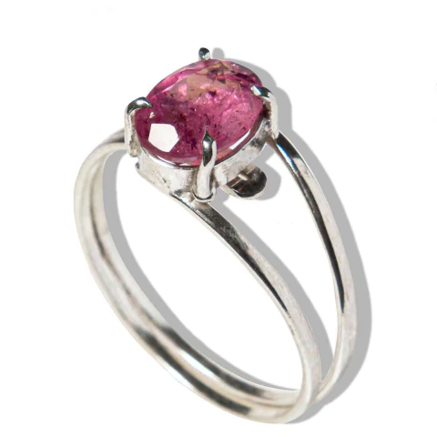 Anel Turmalina Rosa Cabochão Facetado Ajustável Prata 950