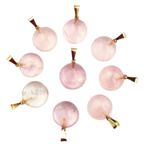 05 Pingente Disco Quartzo Rosa Natural Montagem Pino Prata 950 Atacado
