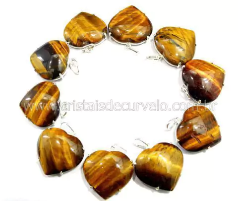 5 Pingente Coração Olho de Tigre Prata 950 Garra