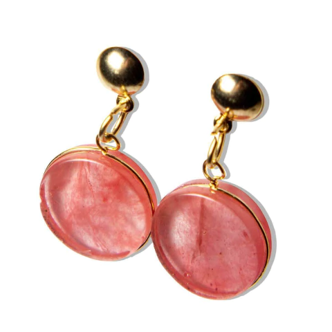 Brinco Disco Pedra Cherry Rosa Tarracha Dourado