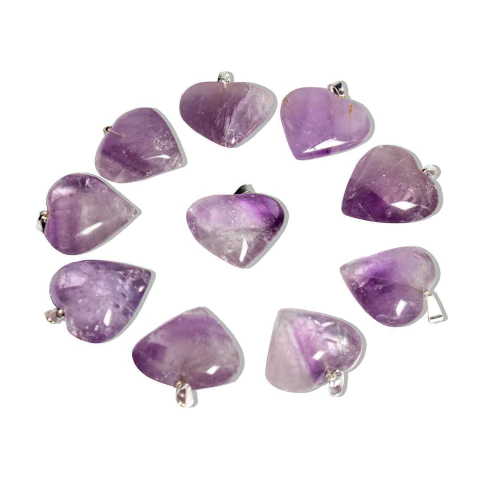 10 Pingente Coração Ametista Pedra Montagem Prateado