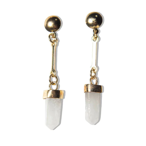 Brinco Pontinha Pedra Quartzo Leitoso dependurado Dourada