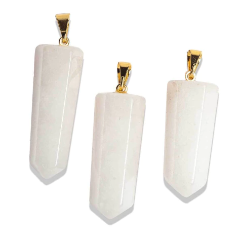 03 Pingente Pontinha Pedra Quartzo Leitoso Pino e Presilha Dourado Atacado