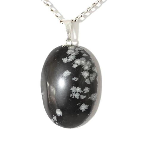 Colar Cabochão Obsidiana Flocos de Neve Pino Prateado