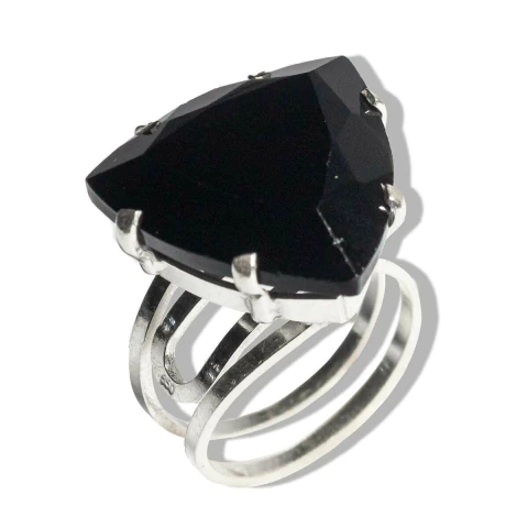 Anel Prata 950 Obsidiana Negra Trillion Aro Ajustável