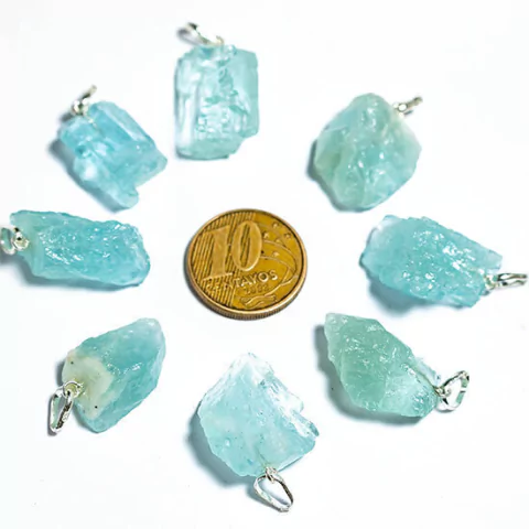 03 Pingente Pedrinha Água Marinha Pedra Bruto Natural 15mm Prata 950 Atacado