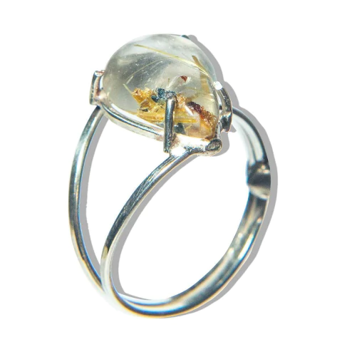 Anel Cristal Rutilado Gota Cabochão 13mm Ajustável Prata 950