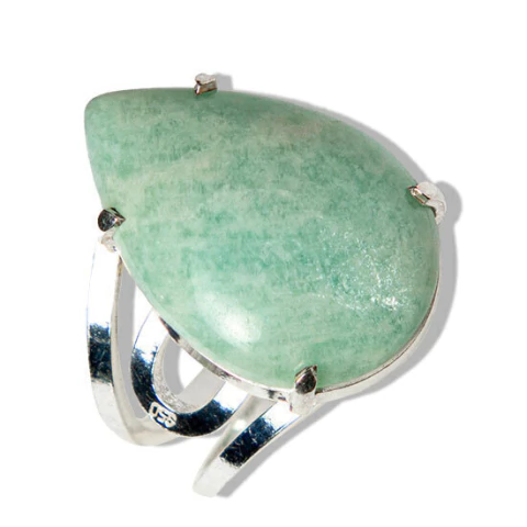 Anel Pedra Amazonita Verde Gota Lisa Prata 950 Aro Ajustável