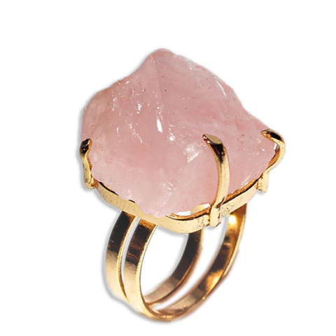Anel Quartzo Rosa Bruto Aro Ajustável Média 30mm Dourado