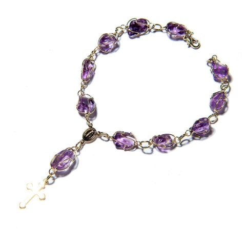 Pulseira Terço Pedra Ametista Rolado Na Gaiola Dourado