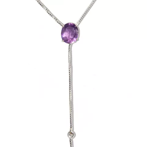 Colar Gravata Pedra Ametista Gema Natural Prateado