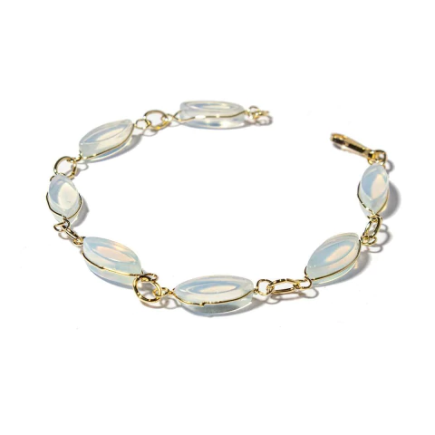 Pulseira Navete Pedra da Lua Ranhurado Elo Dourado