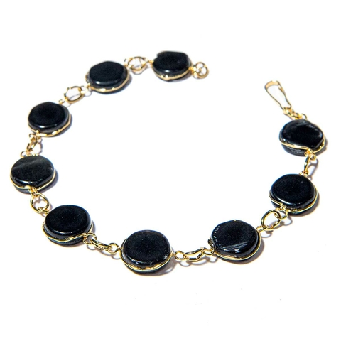 Pulseira Disco Pedra Obsidiana Negra Ranhurado Dourado
