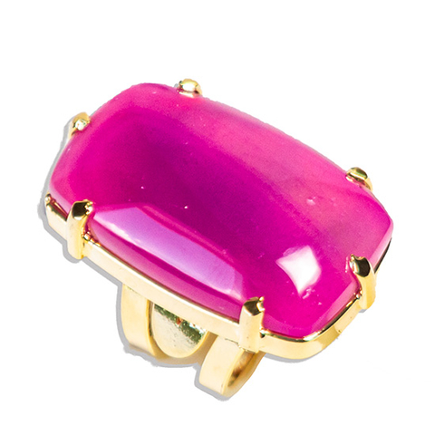 03 Anel Pedra Agata Rosa Natural Retangular Dourado Ajustavel