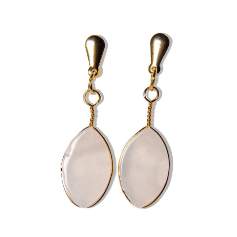 Brinco Navete Quartzo Rosa Ranhurado Tarraxa Dourado