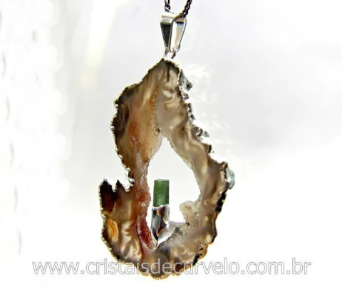 Pingente Especial Chapa Geodo Turmalina Azul Montagem Envolto Prateado